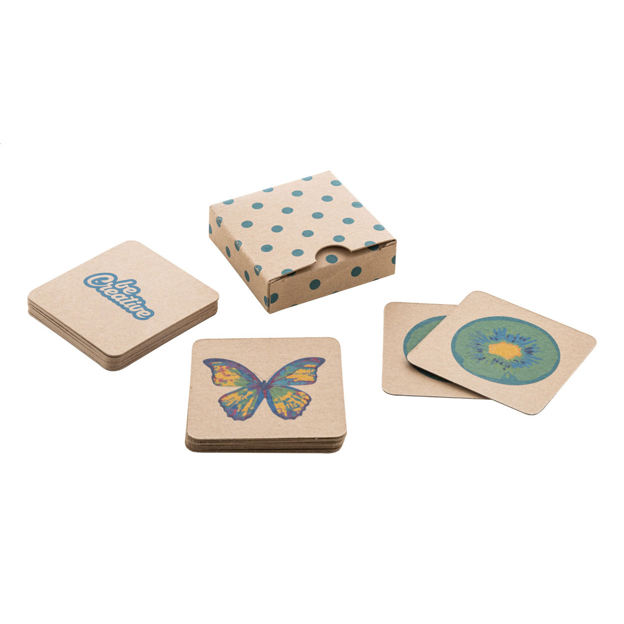 Gioco di memoria composto da 24 tessere in cartoncino (55x55mm), in scatola di cartoncino kraft personalizzabile — gadget promozionale personalizzabile con il tuo logo