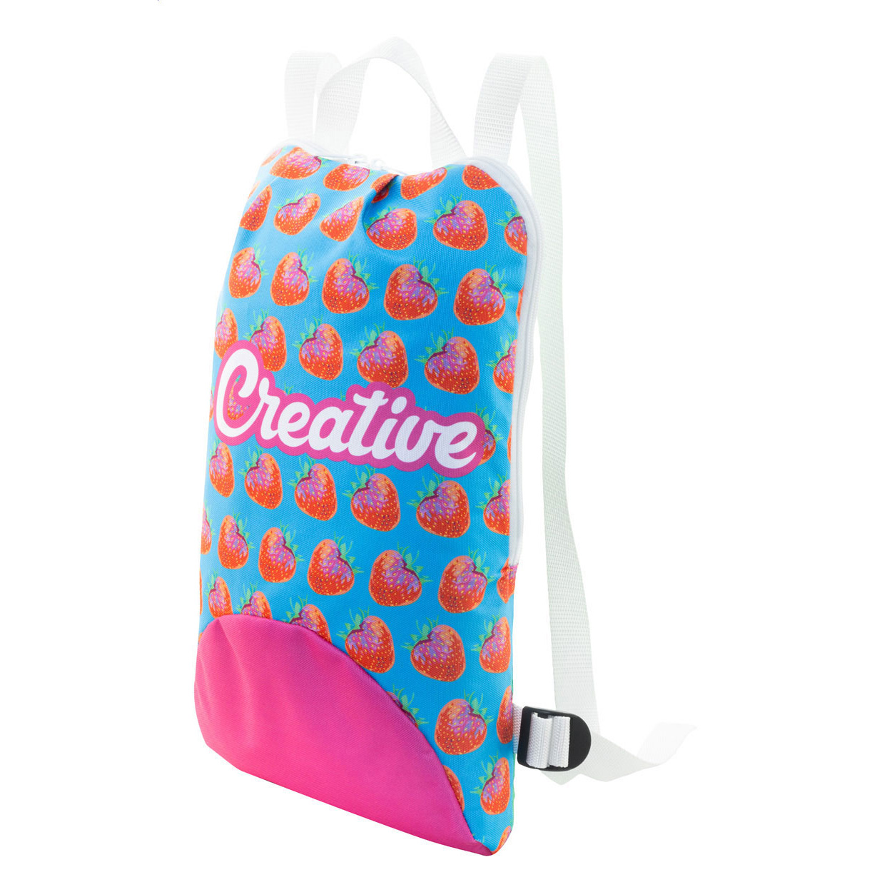 Mini zaino in poliestere 600D RPET personalizzabile con stampa in sublimazione su tutta la superficie, scomparto chiuso da cerniera ed etichetta RPET — gadget promozionale personalizzabile con il tuo logo