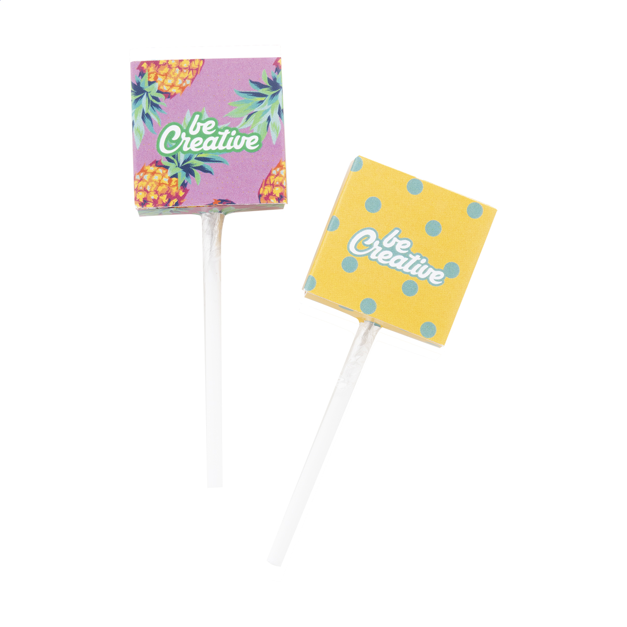 Lecca-lecca a più gusti di frutta (8 g) in scatola di cartoncino personalizzabile a colori — gadget promozionale personalizzabile con il tuo logo