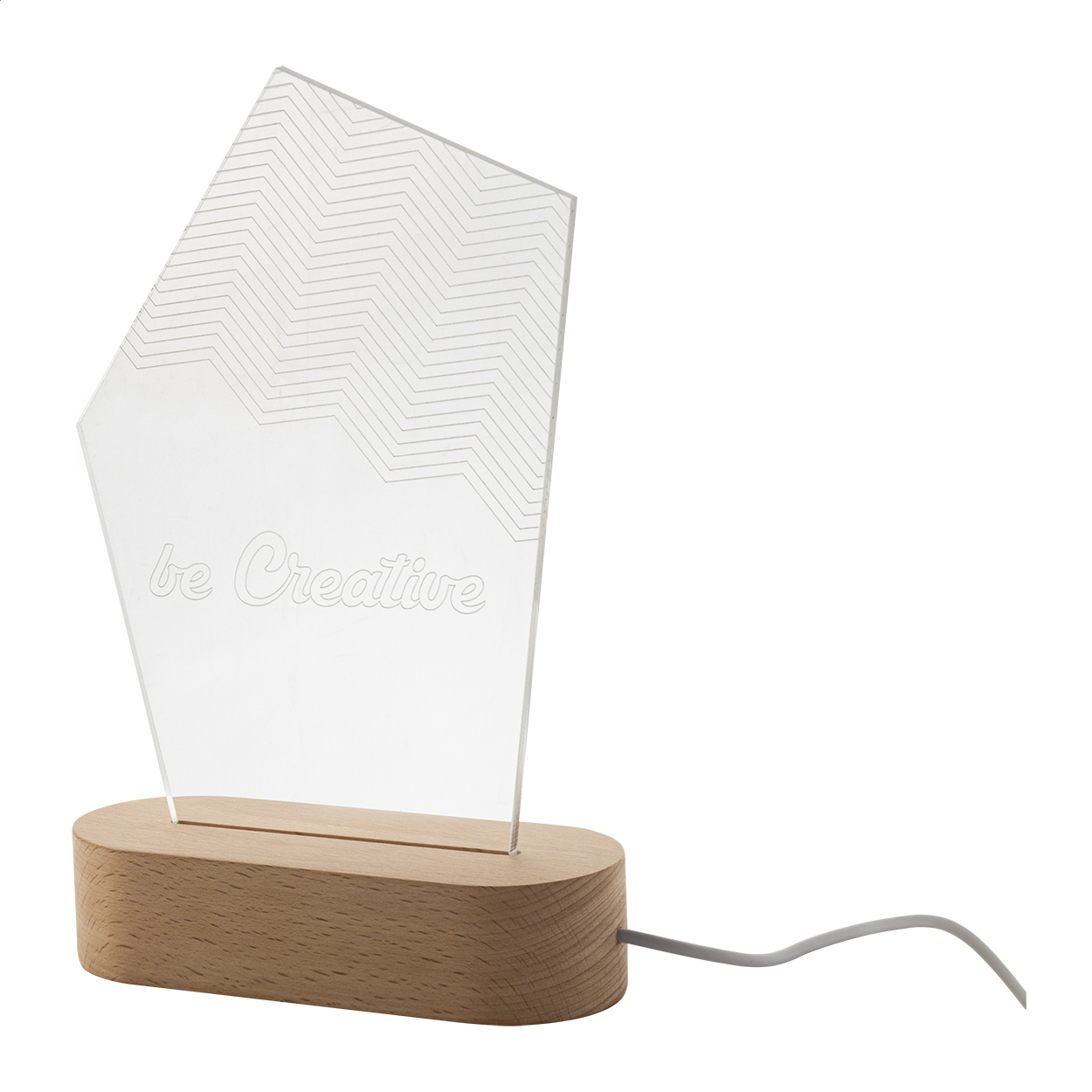 Trofeo in acrilico su base di legno con luce LED multicolore alimentata via USB — gadget promozionale personalizzabile con il tuo logo