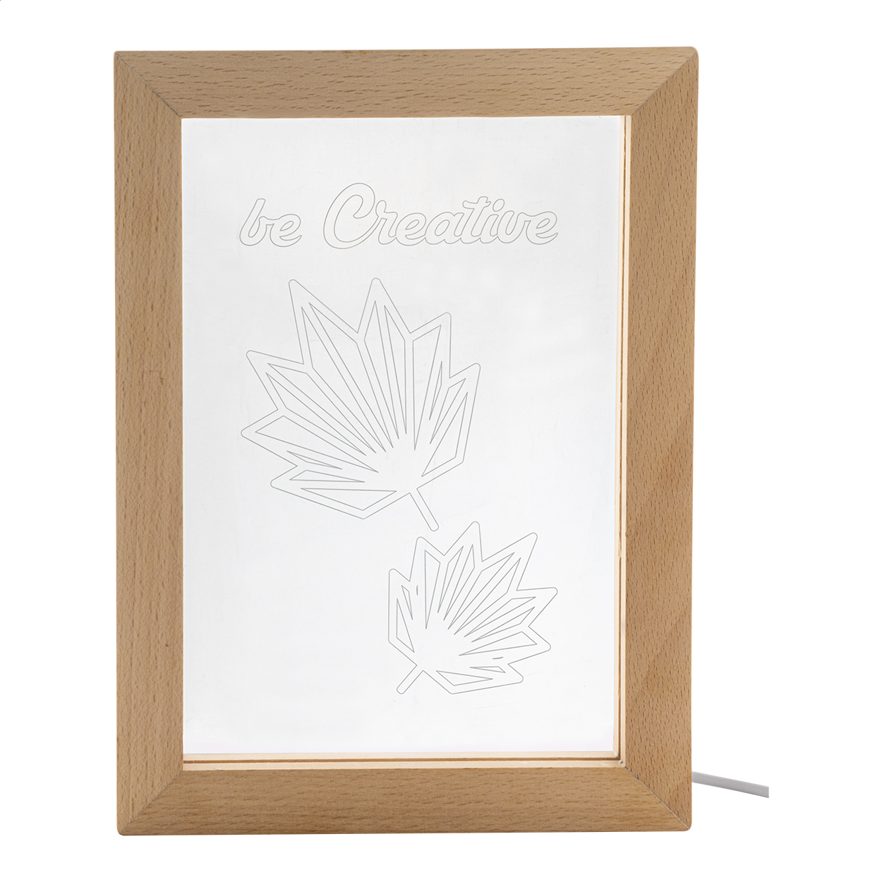 Trofeo in acrilico personalizzabile con grafica incisa e cornice in legno con luce LED multicolore alimentata via USB — gadget promozionale personalizzabile con il tuo logo