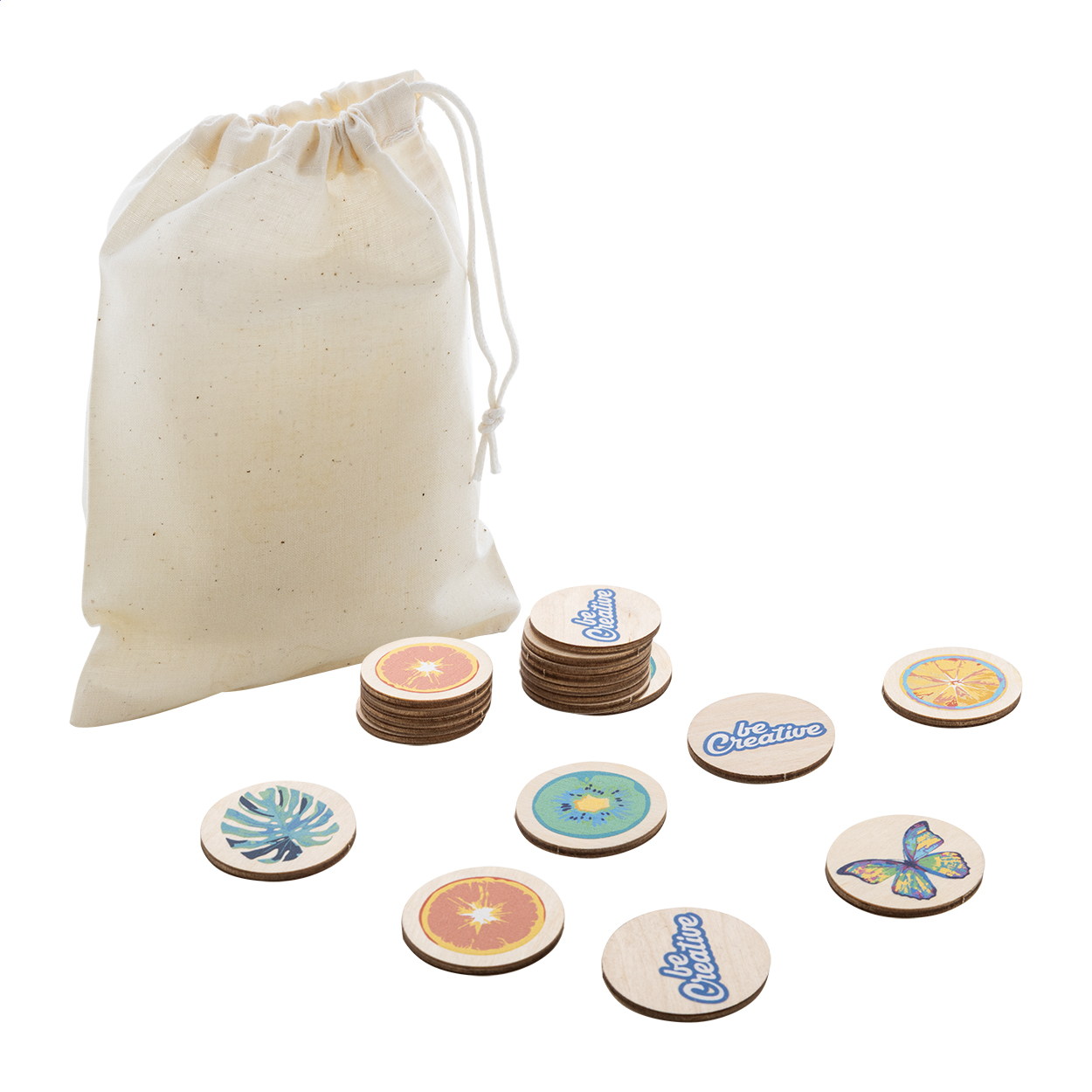 Gioco di memoria con 24 tessere (ø 35 mm) in compensato di betulla laminato, personalizzabile con grafica a colori e custodia in cotone — gadget promozionale personalizzabile con il tuo logo