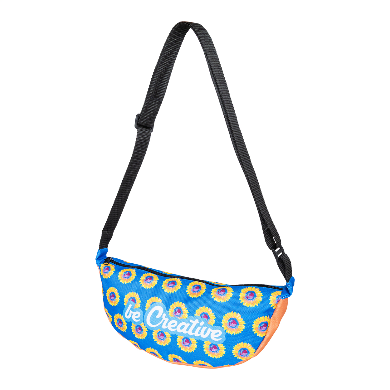 Marsupio in poliestere 600D RPET, con tracolla regolabile, scomparto con cerniera ed etichetta RPET, personalizzabile con grafica stampata in sublimazione su tutta la superficie — gadget promozionale personalizzabile con il tuo logo