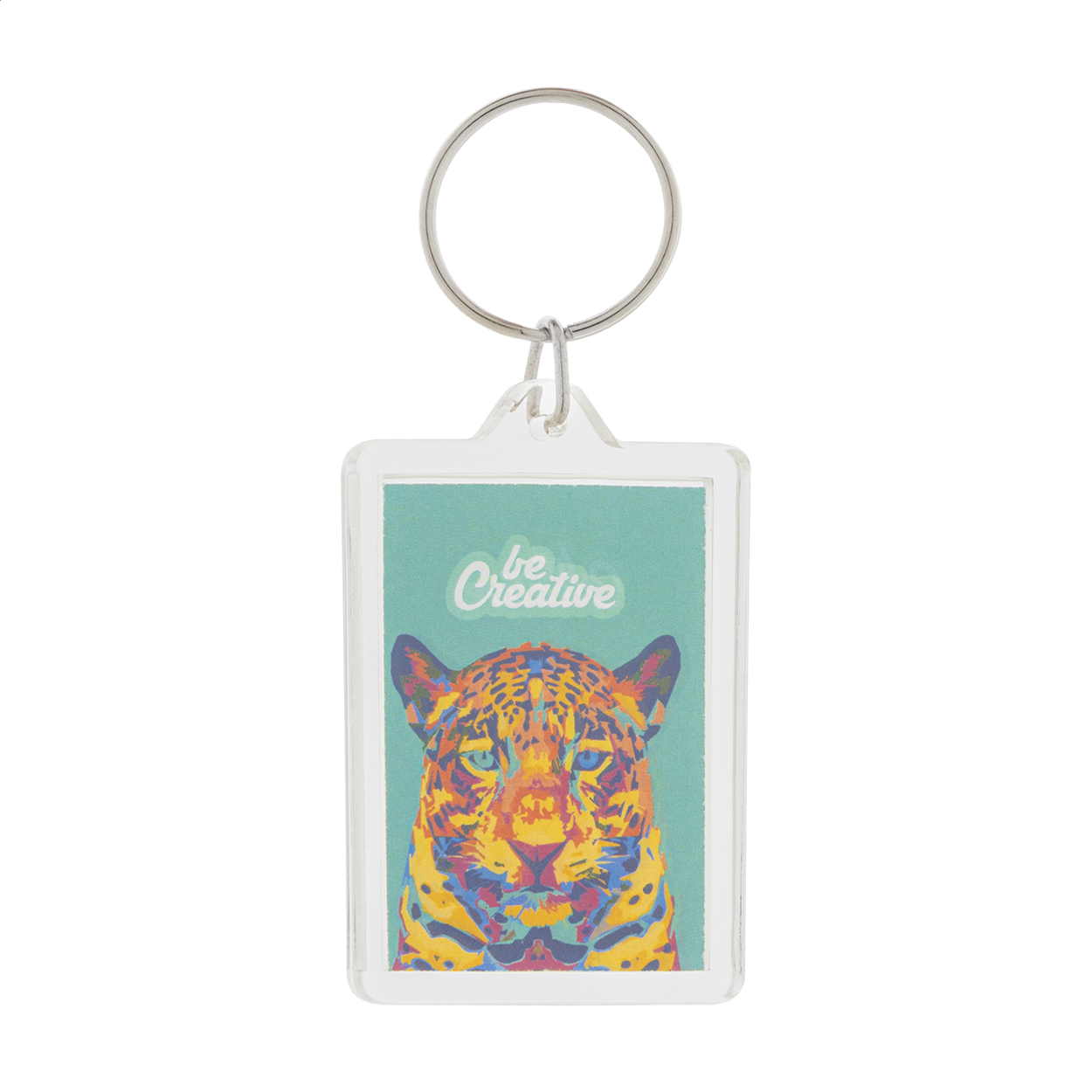 Portachiavi rettangolare in acrilico con inserto cartaceo personalizzabile a colori e anello in metallo — gadget promozionale personalizzabile con il tuo logo