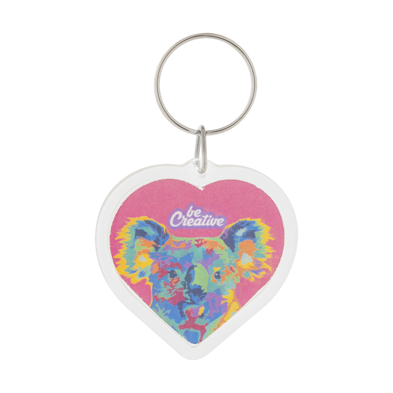 Portachiavi a forma di cuore in acrilico con inserto cartaceo personalizzabile a colori e anello in metallo — gadget promozionale personalizzabile con il tuo logo
