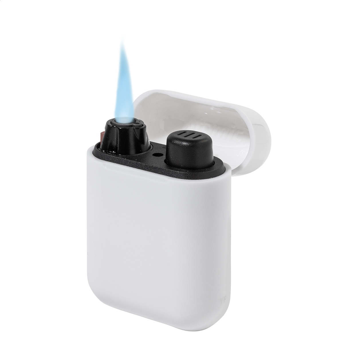 Accendino piezoelettrico ricaricabile in plastica contenuto in un astuccio ispirato al design dei moderni auricolari wireless — Auto, utensili e sicurezza personalizzabile con il tuo logo