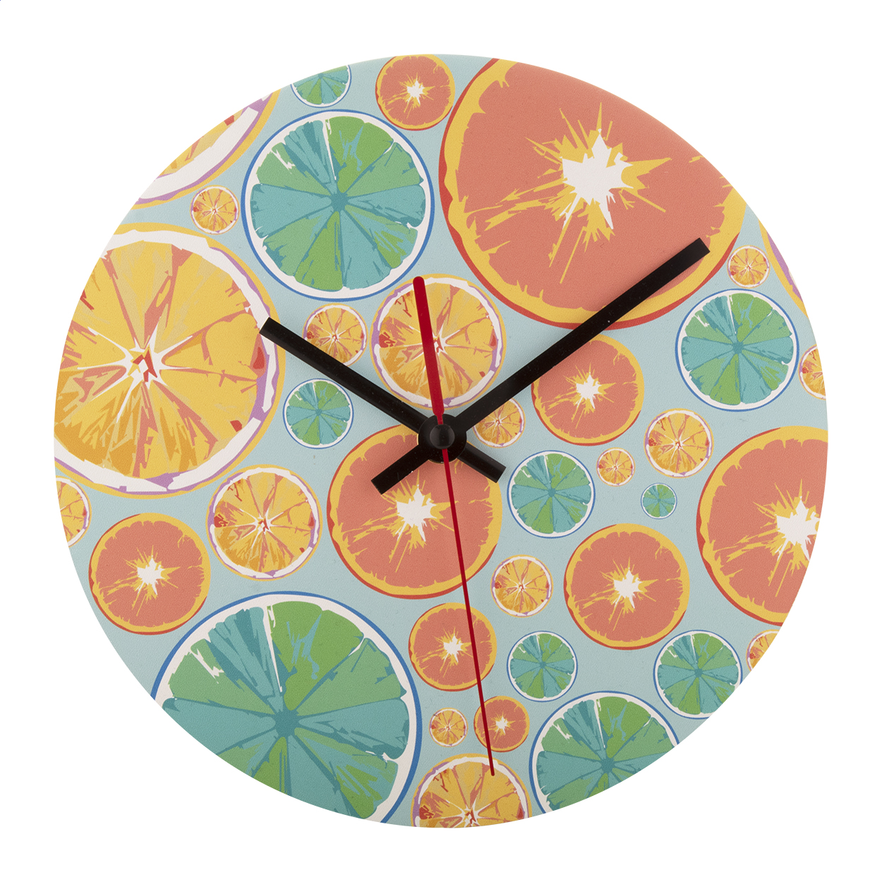 Orologio da parete di forma rotonda in legno HDF con grafica personalizzata — gadget promozionale personalizzabile con il tuo logo