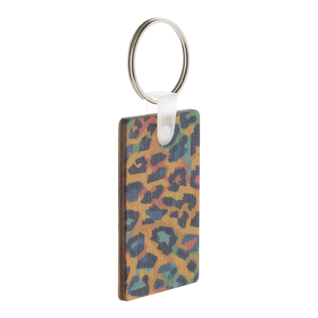 Portachiavi in legno di betulla laminato a forma di rettangolo con stampa a colori — gadget promozionale personalizzabile con il tuo logo