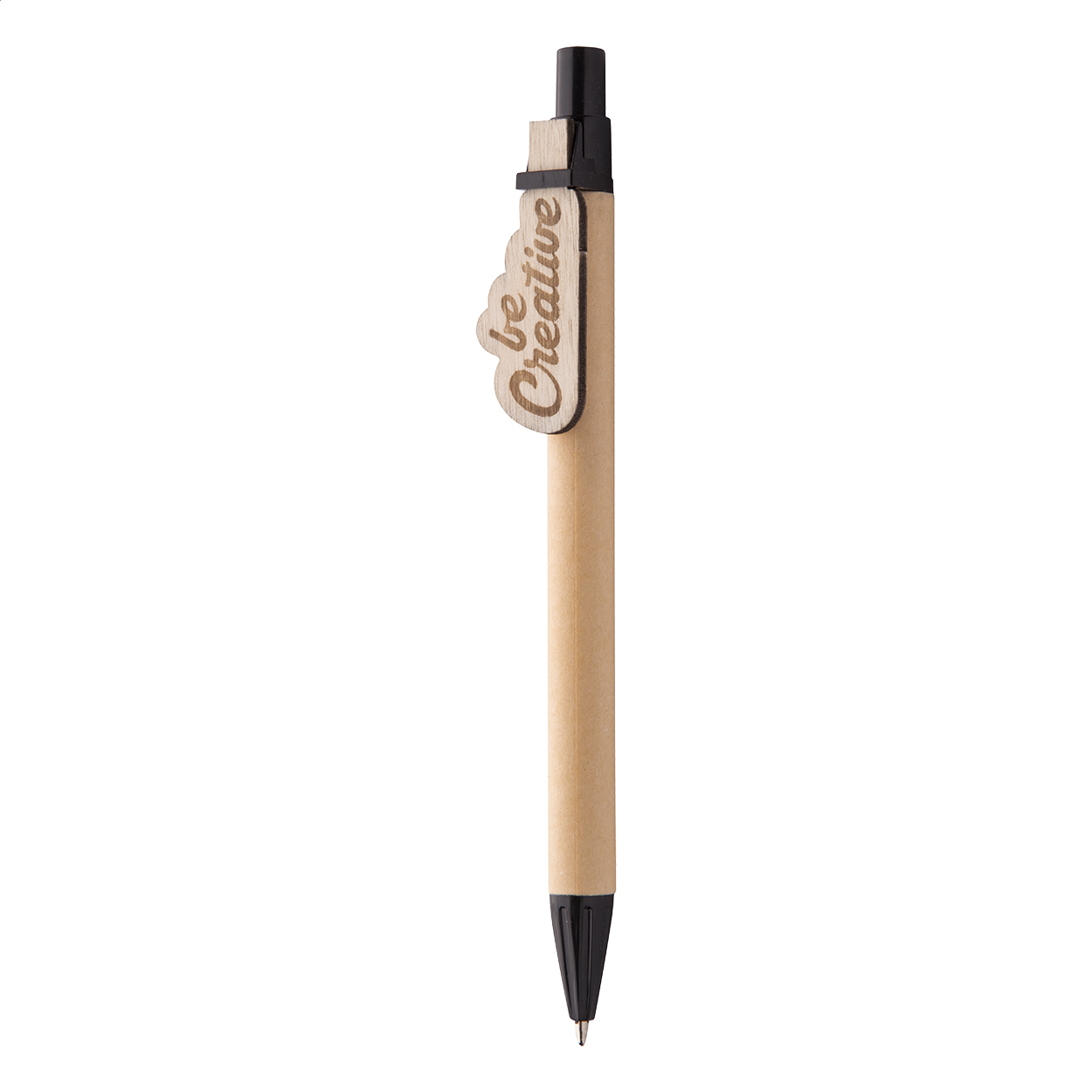 Penna a sfera in carta riciclata con clip in compensato personalizzabile e refill blu — gadget promozionale personalizzabile con il tuo logo