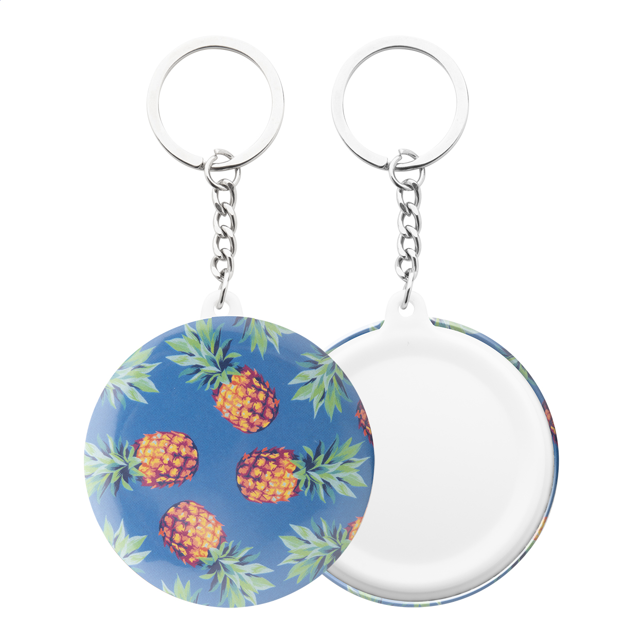 Portachiavi a bottone piccolo con inserto in carta personalizzabile a colori — gadget promozionale personalizzabile con il tuo logo