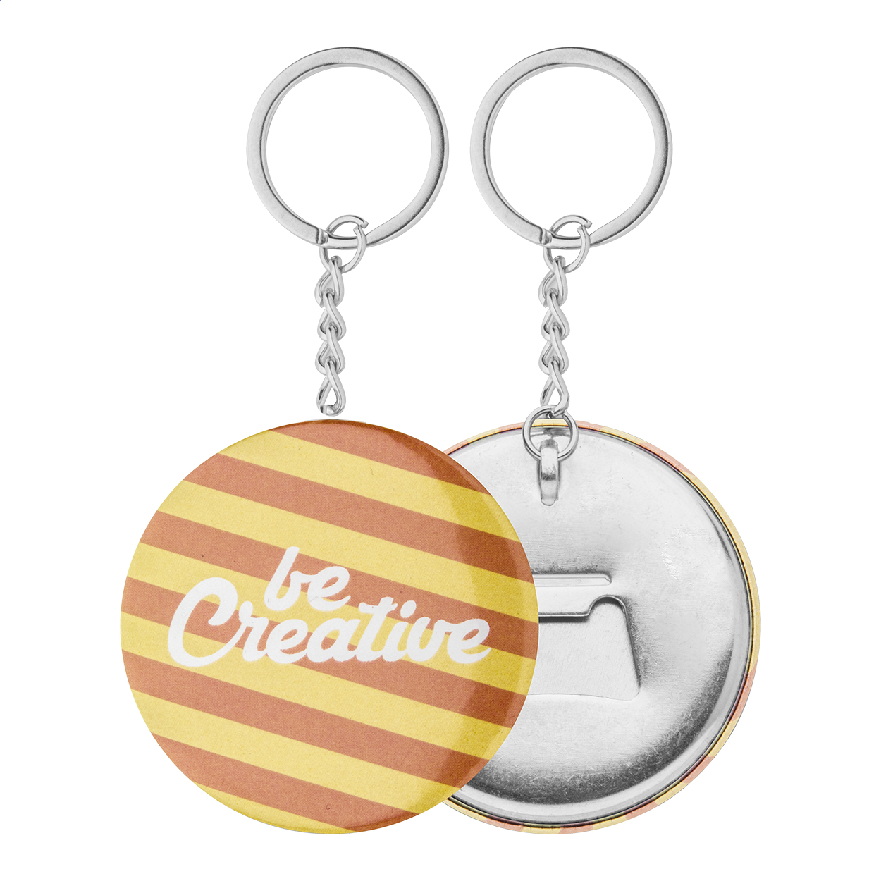 Portachiavi a bottone con apribottiglie ed inserto in carta personalizzabile a colori — gadget promozionale personalizzabile con il tuo logo