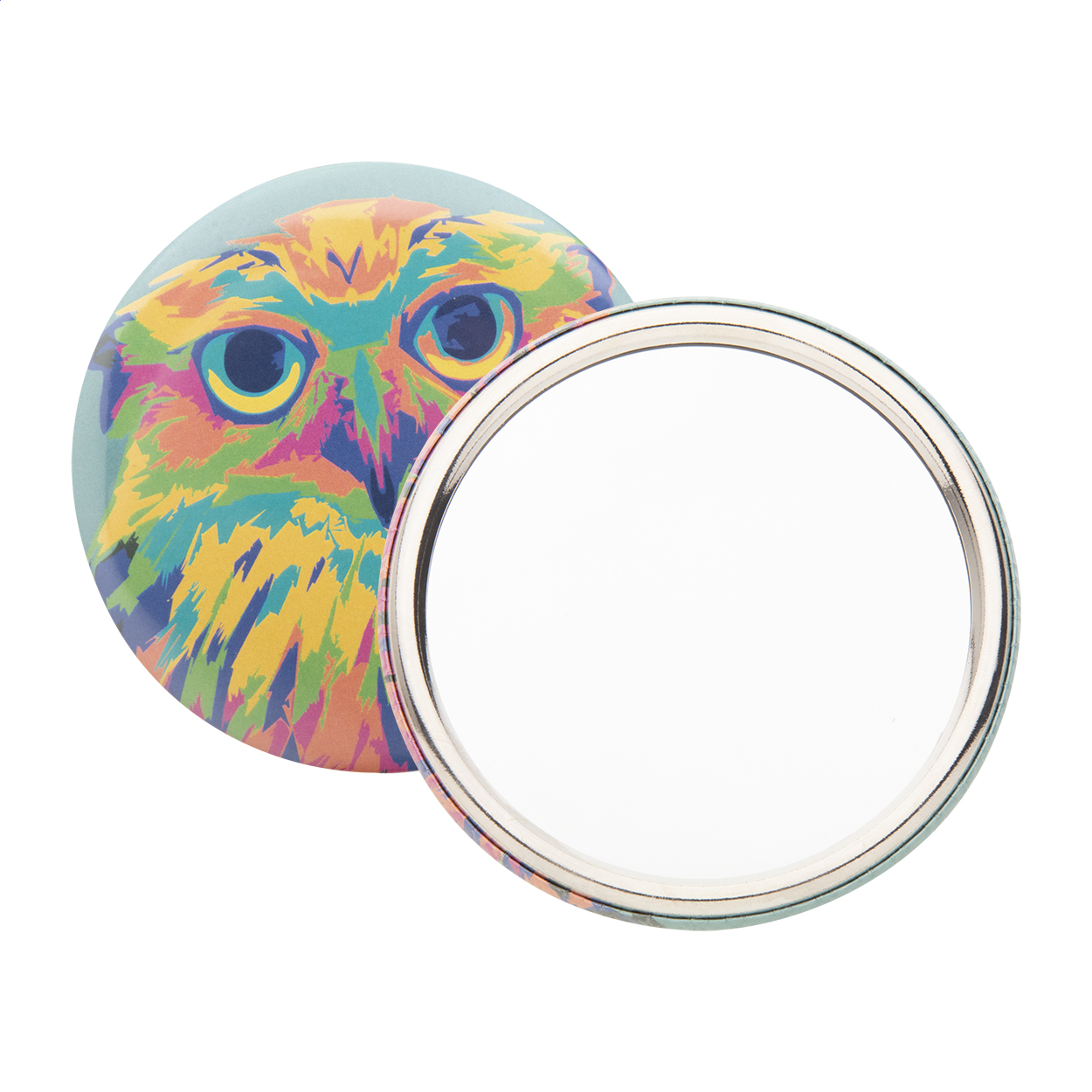 Specchietto tascabile con inserto cartaceo personalizzato a colori — gadget promozionale personalizzabile con il tuo logo
