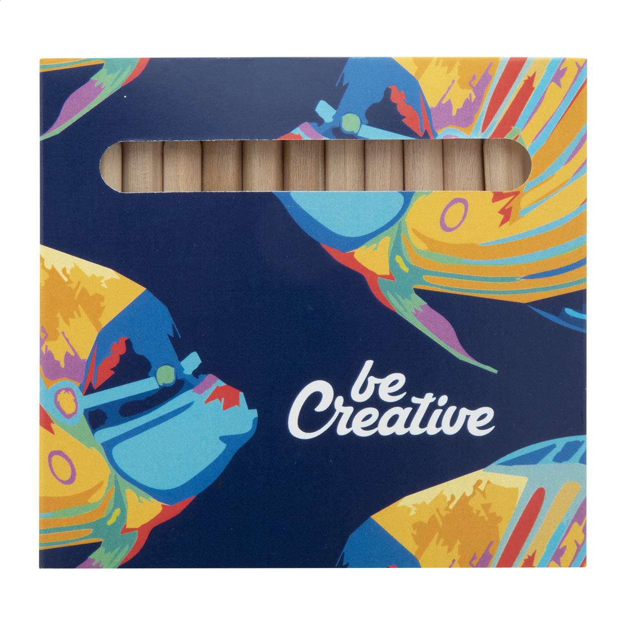 Set 12 matite colorate in legno, in confezione di cartoncino totalmente personalizzabile — gadget promozionale personalizzabile con il tuo logo