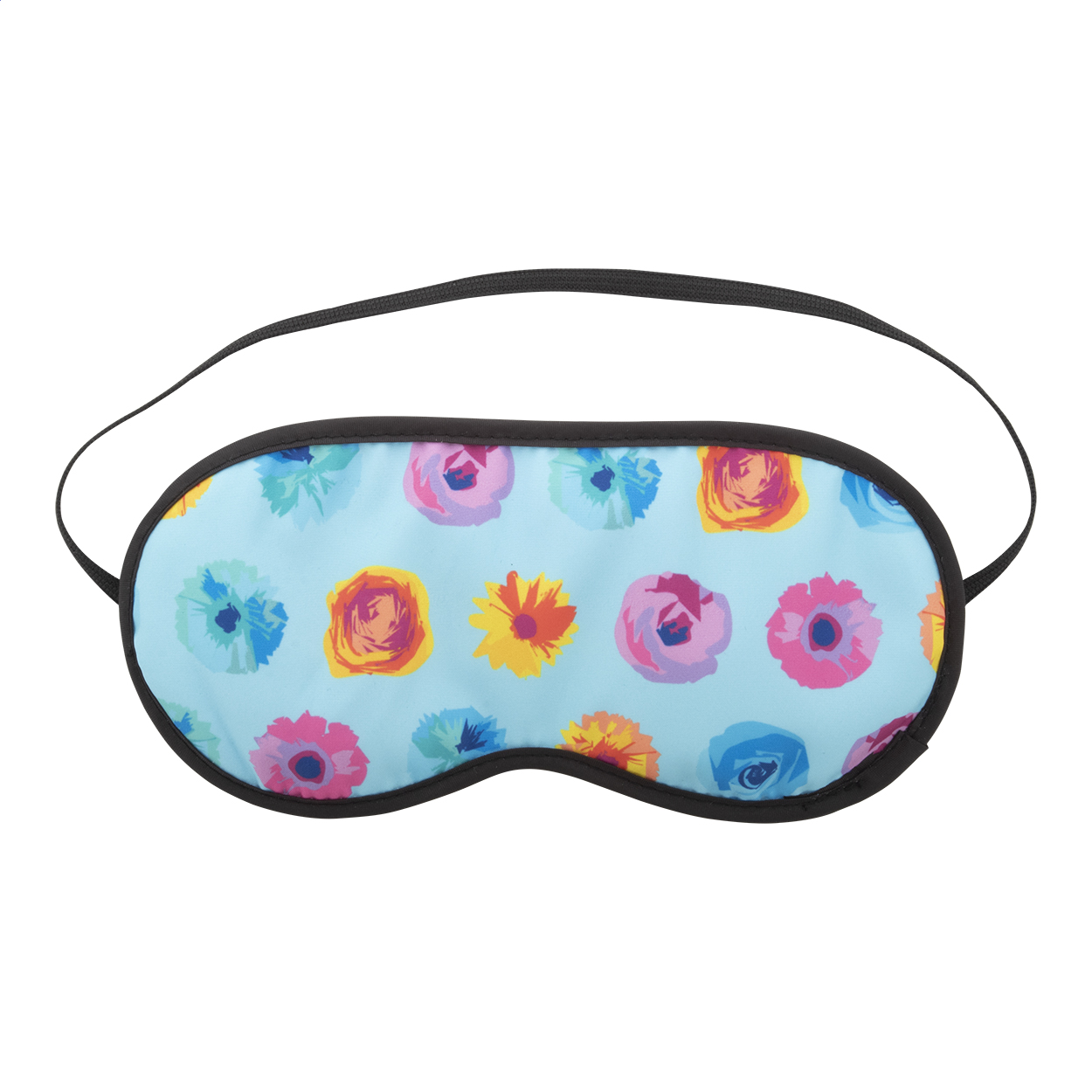 Mascherina cortesia per occhi in poliestere (140 g/m²), con imbottitura in spugna, profili e fascetta neri — gadget promozionale personalizzabile con il tuo logo