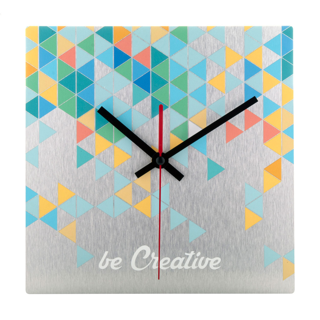 Orologio da parete di forma quadrata in composito di alluminio spazzolato con grafica personalizzata — gadget promozionale personalizzabile con il tuo logo