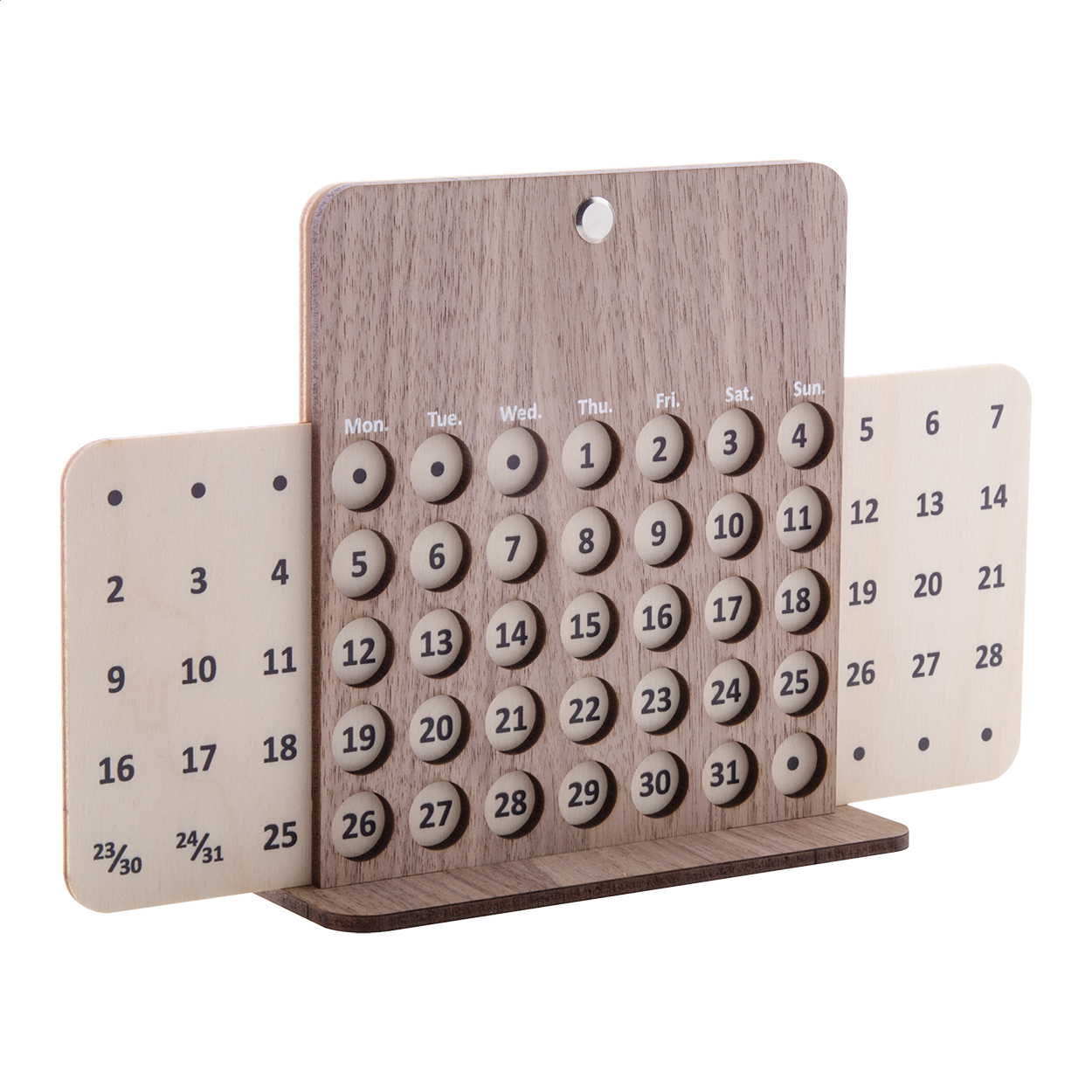Calendario perpetuo da tavolo in compensato di betulla e noce — gadget promozionale personalizzabile con il tuo logo