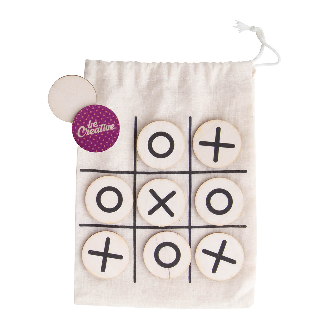 Gioco tris in compensato di betulla con 10 pedine e custodia in sacchetto contenitore — gadget promozionale personalizzabile con il tuo logo