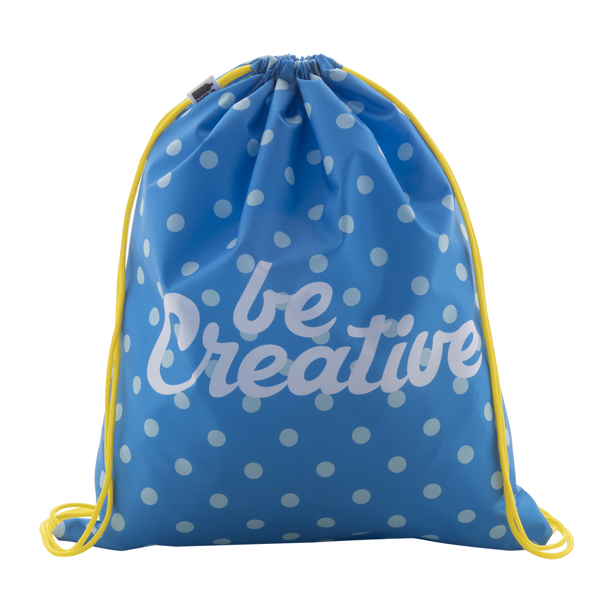 Sacca personalizzabile con chiusura a coulisse e cordoncini colorati, materiale poliestere 190T RPET — gadget promozionale personalizzabile con il tuo logo