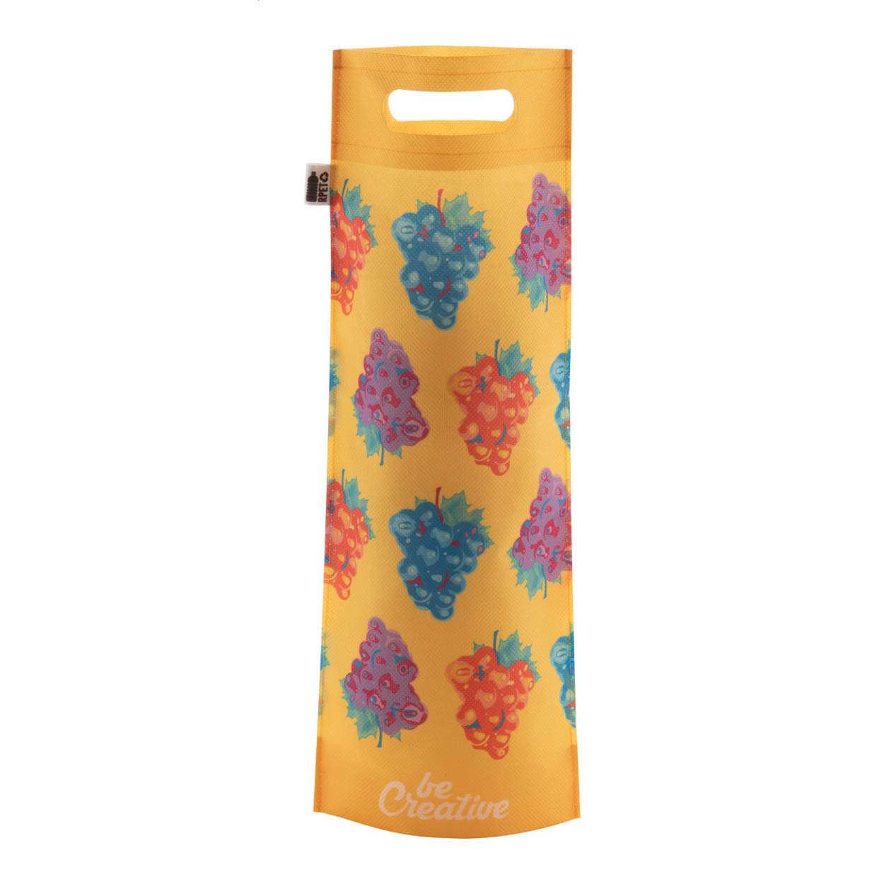 Sacchetto per bottiglia vino in tessuto non tessuto RPET con manico a fagiolo, 80 g/m² e grafica stampata in sublimazione su entrambi i lati — gadget promozionale personalizzabile con il tuo logo