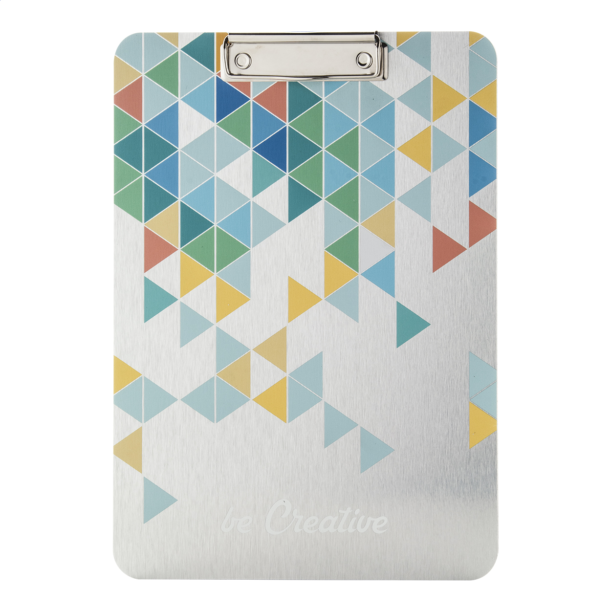 Portablocco A4 in composito di alluminio spazzolato con grafica personalizzata sul lato anteriore — gadget promozionale personalizzabile con il tuo logo