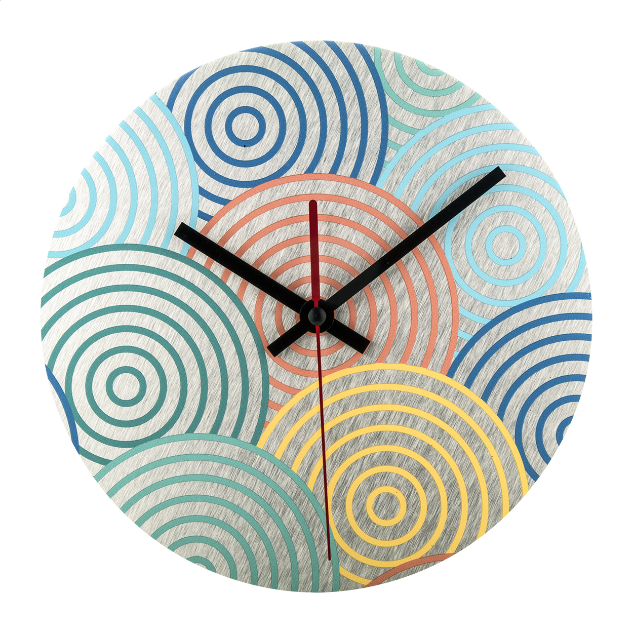 Orologio da parete di forma rotonda in composito di alluminio spazzolato con grafica personalizzata — gadget promozionale personalizzabile con il tuo logo