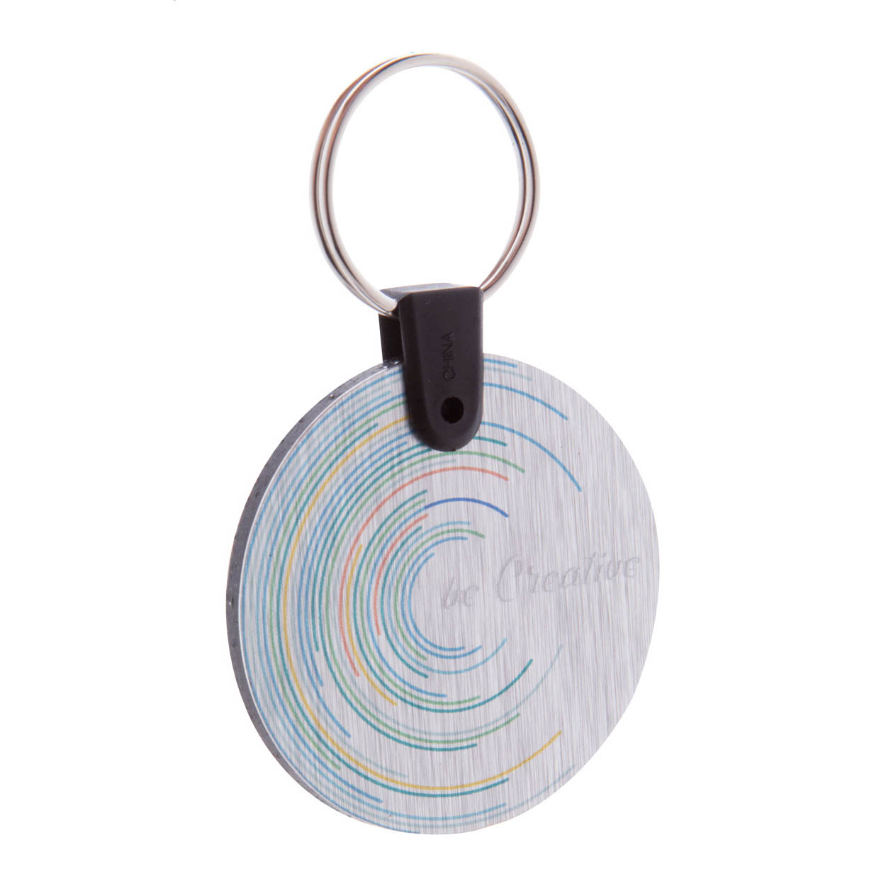 Portachiavi di forma tonda in composito di alluminio spazzolato con stampa a colori — gadget promozionale personalizzabile con il tuo logo