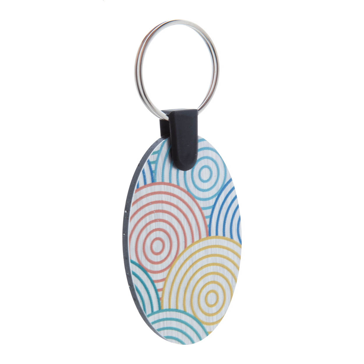 Portachiavi di forma ovale in composito di alluminio spazzolato con stampa a colori — gadget promozionale personalizzabile con il tuo logo
