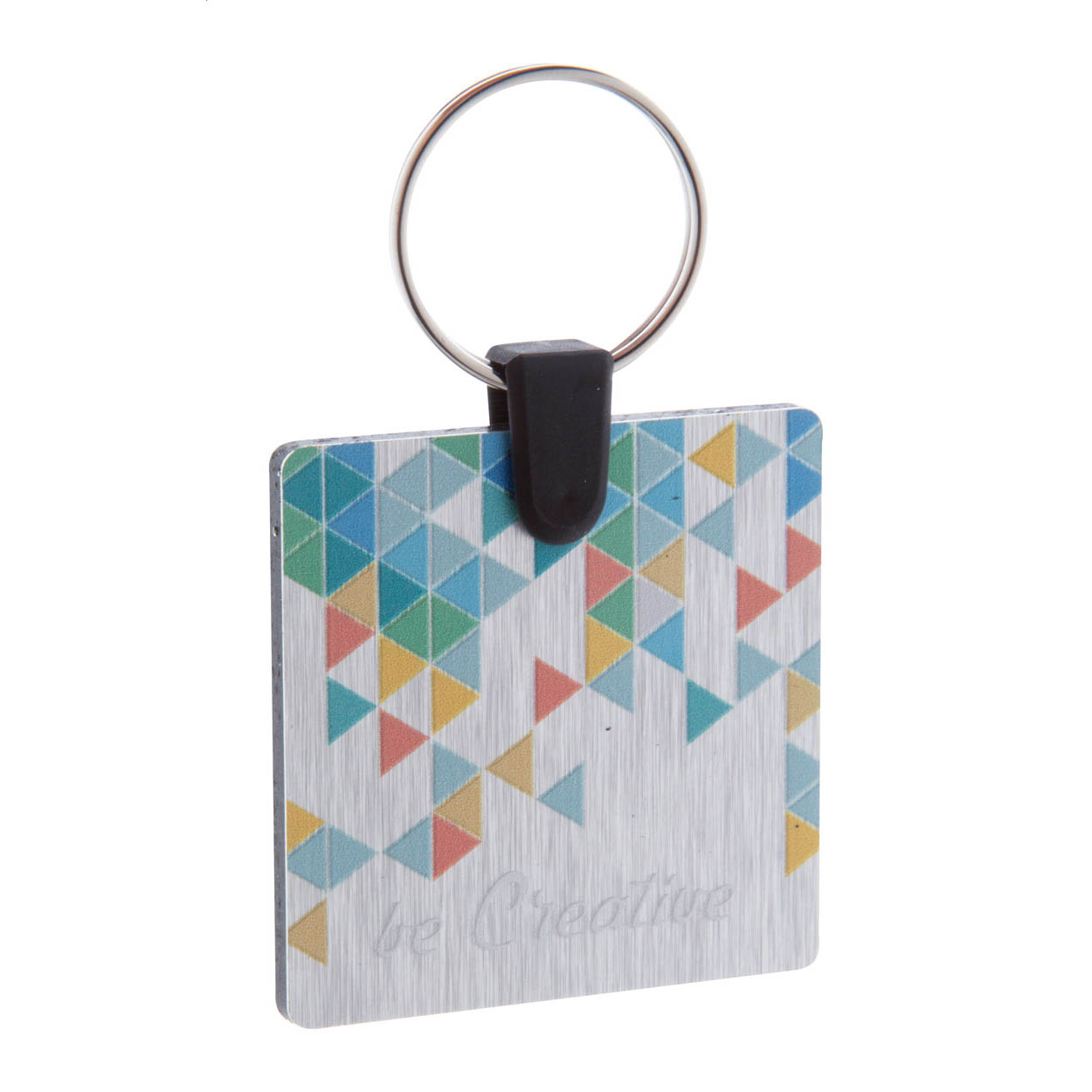 Portachiavi di forma quadrata in composito di alluminio spazzolato con stampa a colori — gadget promozionale personalizzabile con il tuo logo
