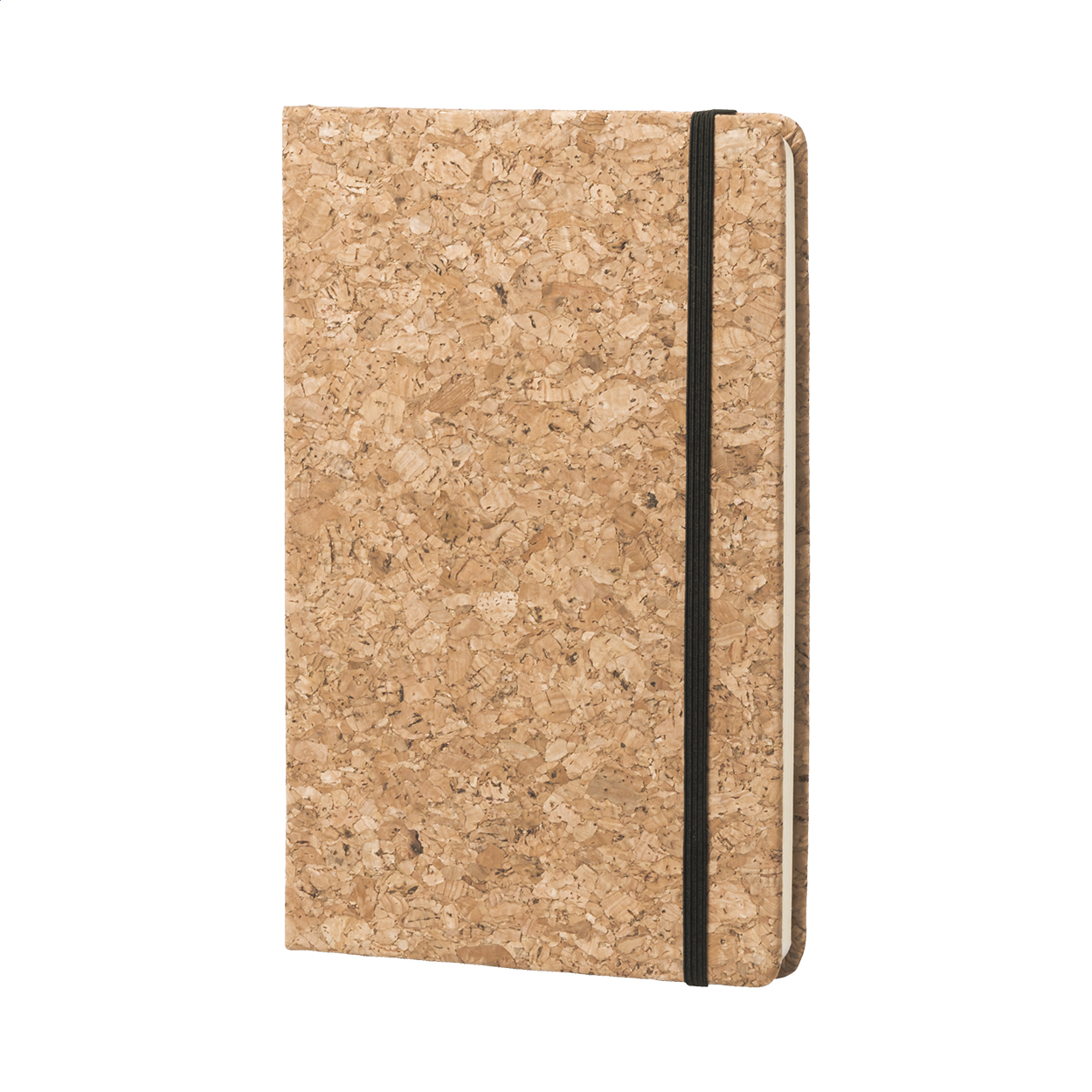 Quaderno con copertina in sughero, con 80 fogli bianchi ed elastico, A5 — gadget promozionale personalizzabile con il tuo logo