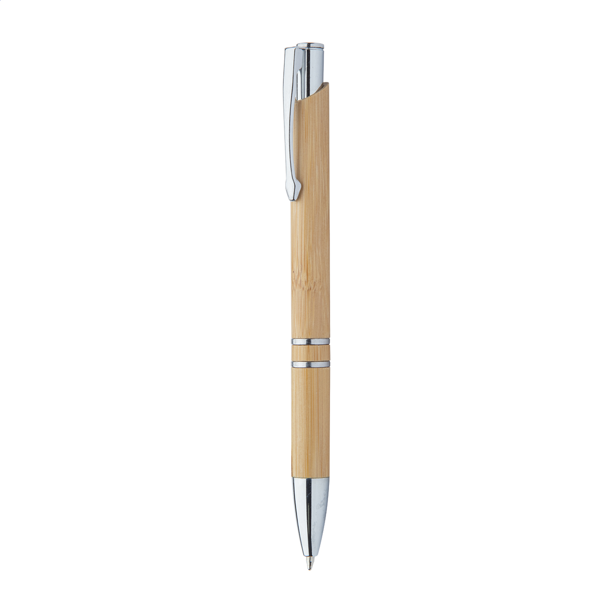 Penna a sfera in bambù con punta e clip cromati e refill nero — gadget promozionale personalizzabile con il tuo logo
