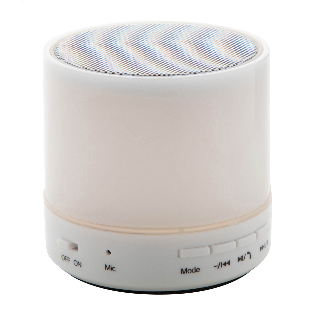 Altoparlante wireless con alloggiamento in plastica e luce LED multicolore — gadget promozionale personalizzabile con il tuo logo