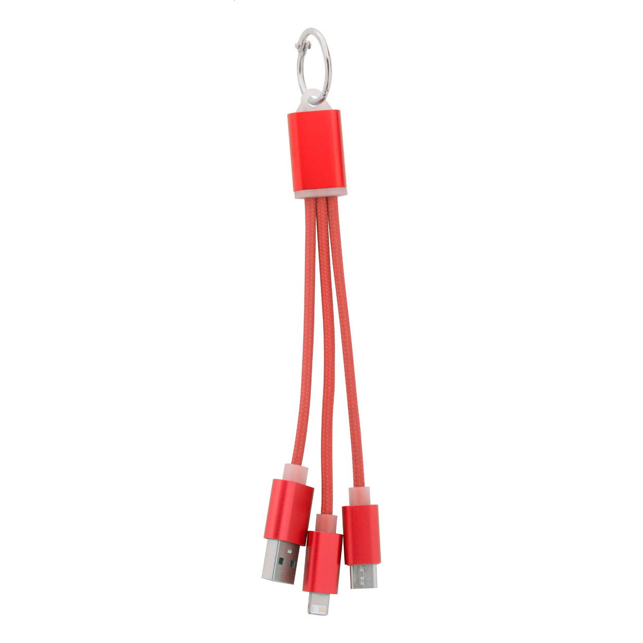 Cavo di ricarica USB in alluminio con connettori micro USB, USB-C e Lightning e portachiavi — gadget promozionale personalizzabile con il tuo logo