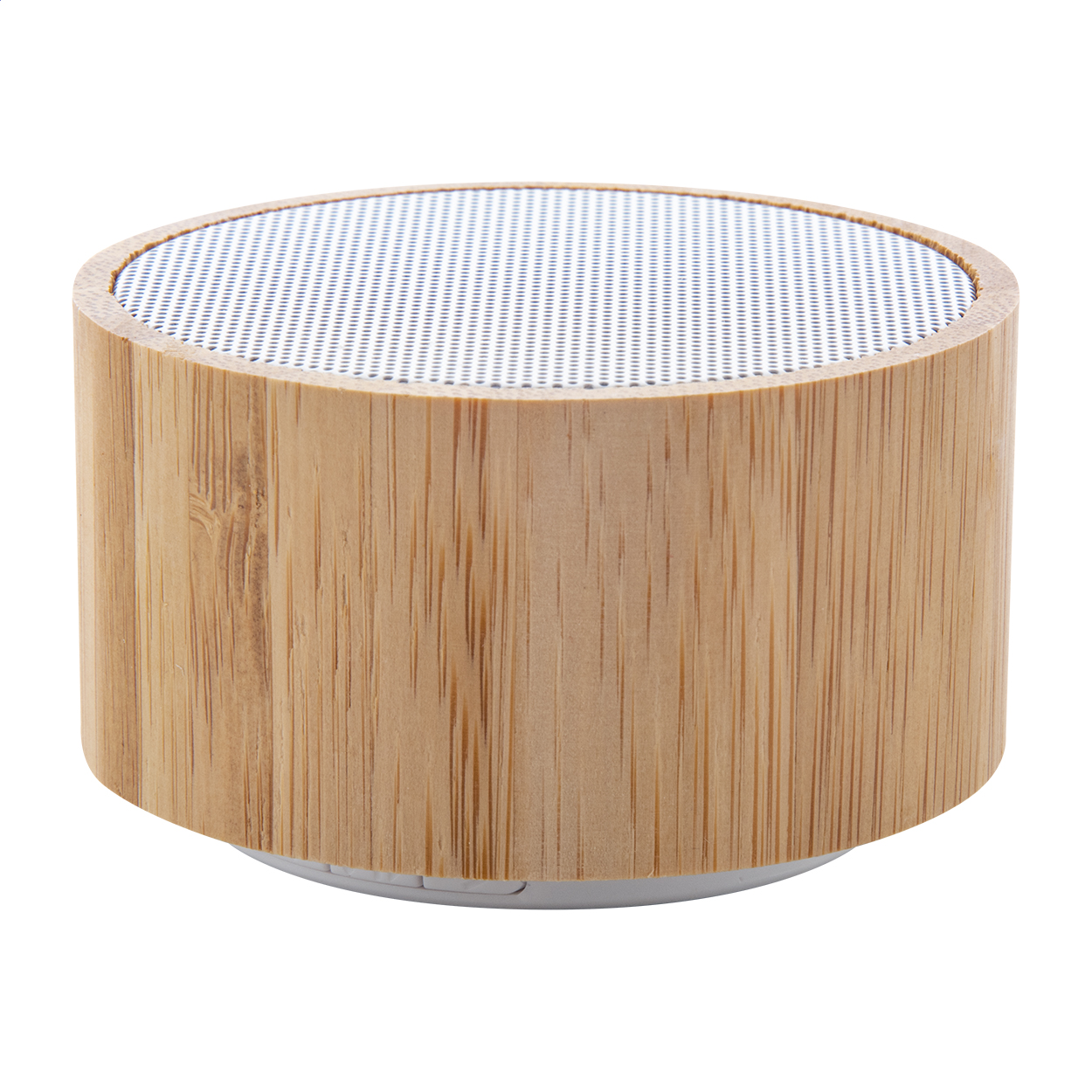 Cassa wireless in un involucro di bambù con funzione di chiamata in vivavoce, radio FM e batteria ricaricabile integrata — gadget promozionale personalizzabile con il tuo logo