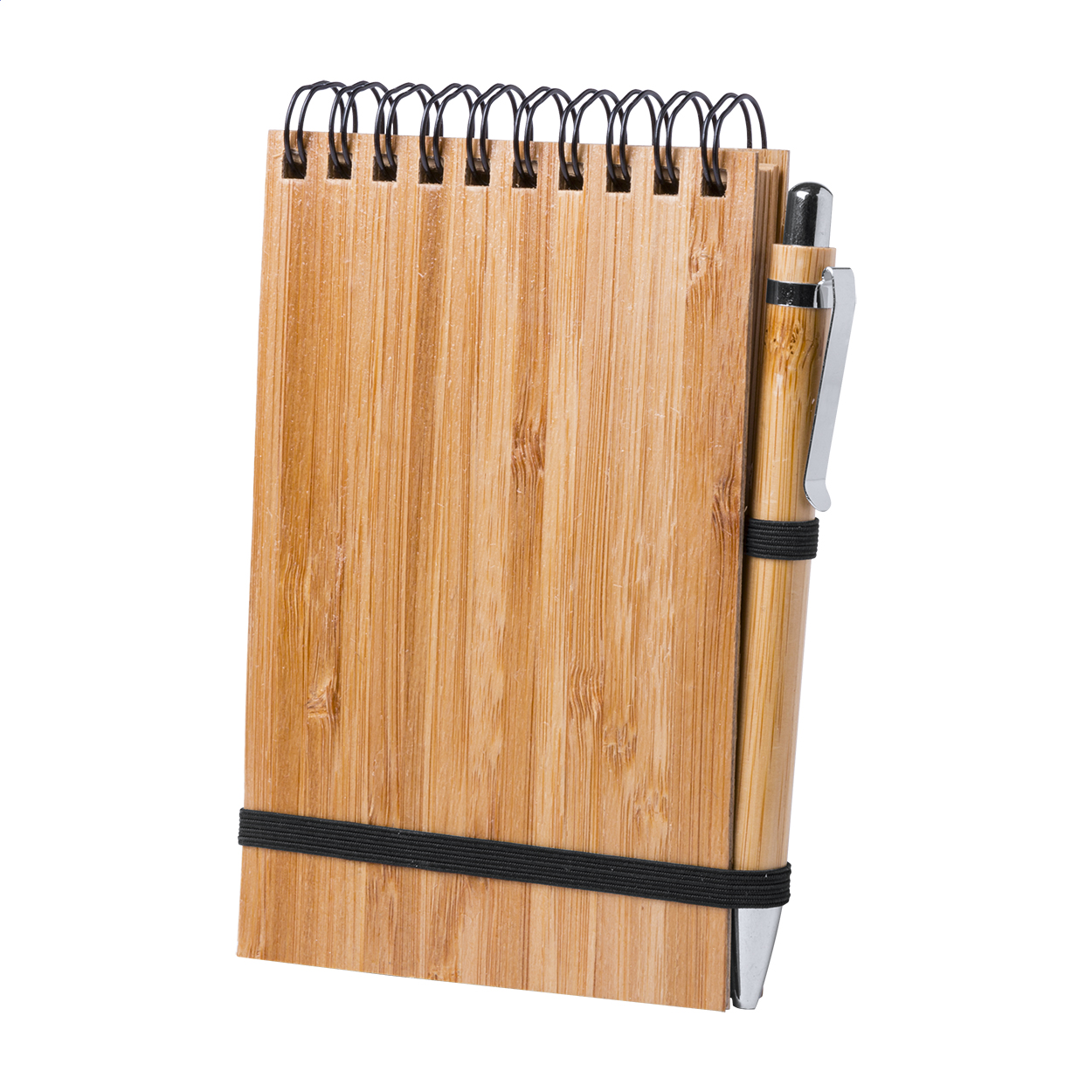 Blocco note a spirale con 70 fogli a righe, copertina e penna a sfera (refill blu) in bambù — gadget promozionale personalizzabile con il tuo logo