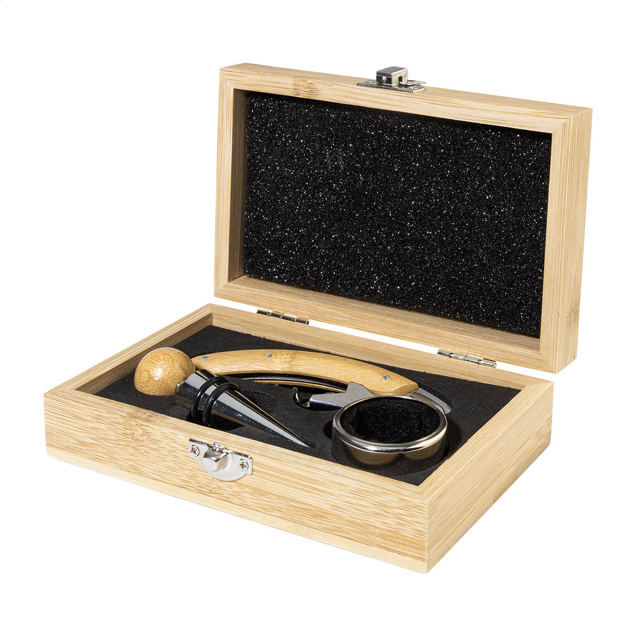 Set vino con tappo, cavatappi e salva goccia in scatola di bambù — gadget promozionale personalizzabile con il tuo logo