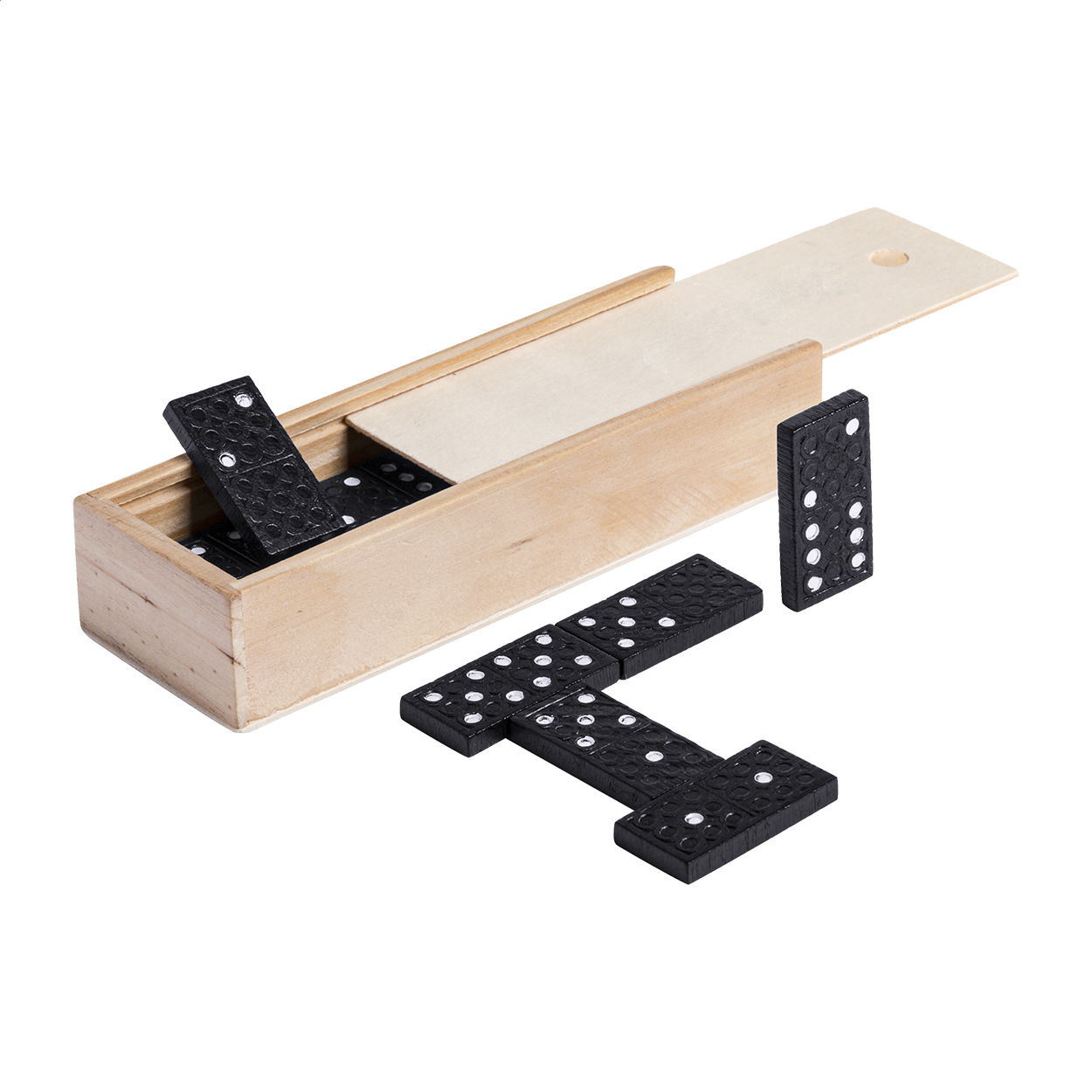 Domino in legno in scatola di legno — gadget promozionale personalizzabile con il tuo logo