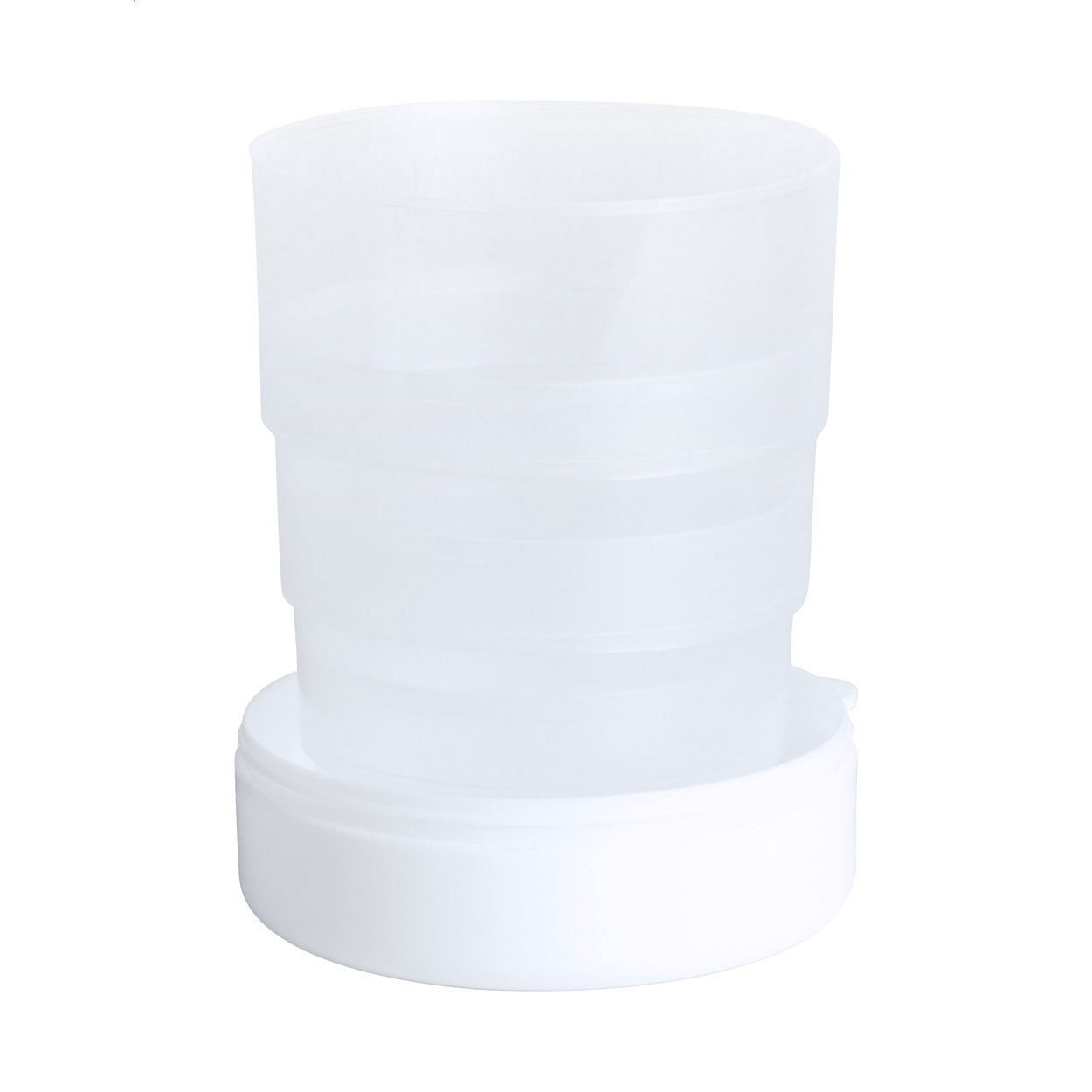 Bicchiere pieghevole in plastica con scomparto portapillole e moschettone in metallo, 220 ml — gadget promozionale personalizzabile con il tuo logo