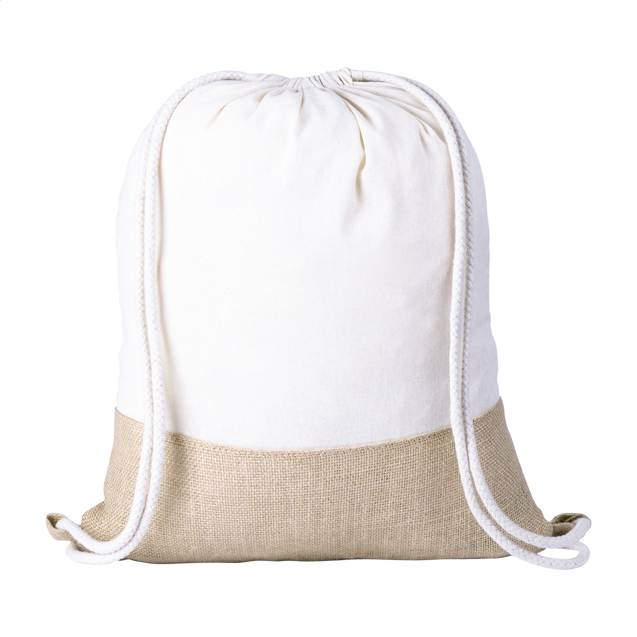 Sacca con chiusura a coulisse in cotone (120 g/m²) e juta — gadget promozionale personalizzabile con il tuo logo