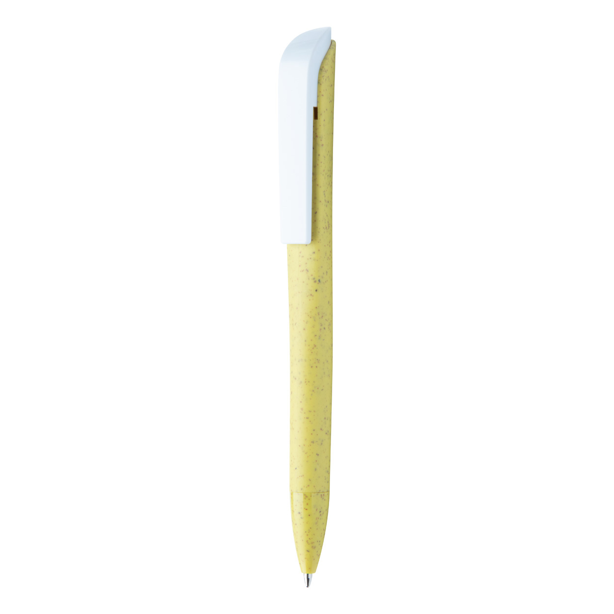 Penna a sfera ecologica in plastica di paglia di grano con clip bianca e refill blu — gadget promozionale personalizzabile con il tuo logo