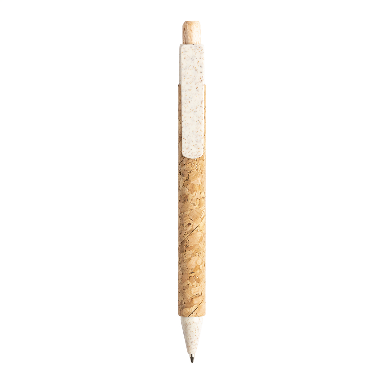 Penna a sfera ecologica in plastica di paglia di grano con corpo rivestito in sughero naturale — gadget promozionale personalizzabile con il tuo logo