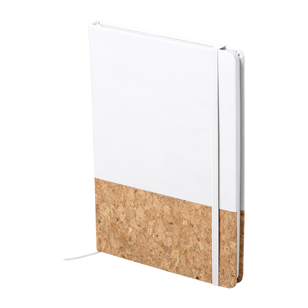 Quaderno rivestito in sughero naturale e pelle PU con elastico in gomma e 98 fogli bianchi — gadget promozionale personalizzabile con il tuo logo