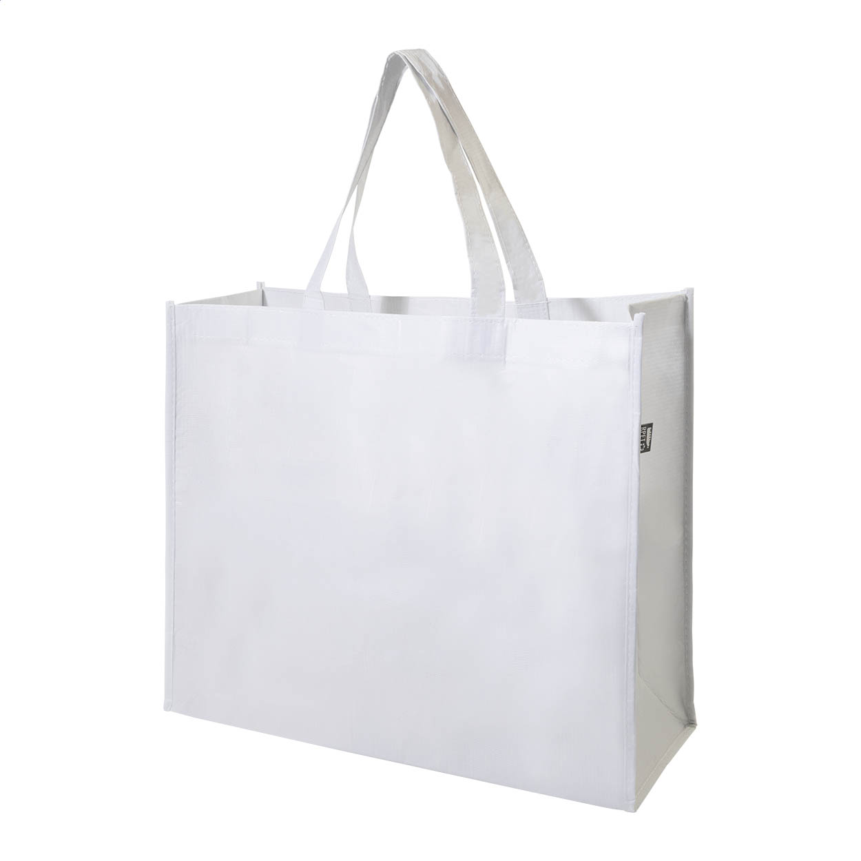 Borsa per la spesa in poliestere RPET laminato con soffietto, manici medi ed etichetta RPET — gadget promozionale personalizzabile con il tuo logo