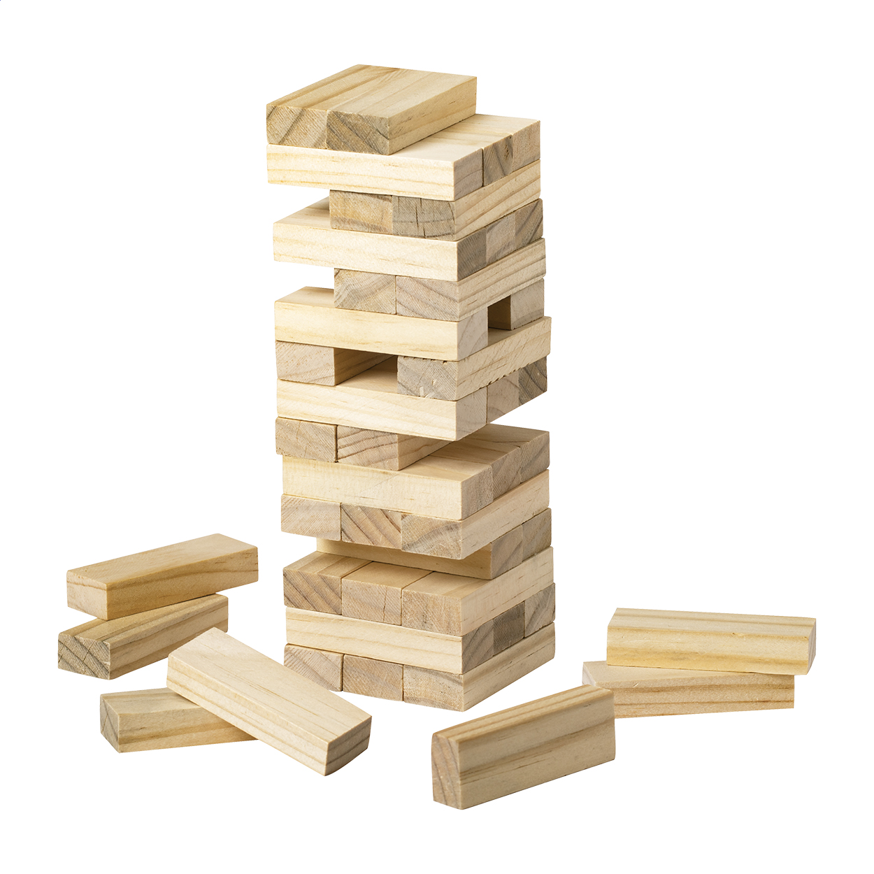 Gioco della torre in legno con 45 tasselli confezionato in sacchetto di cotone — gadget promozionale personalizzabile con il tuo logo