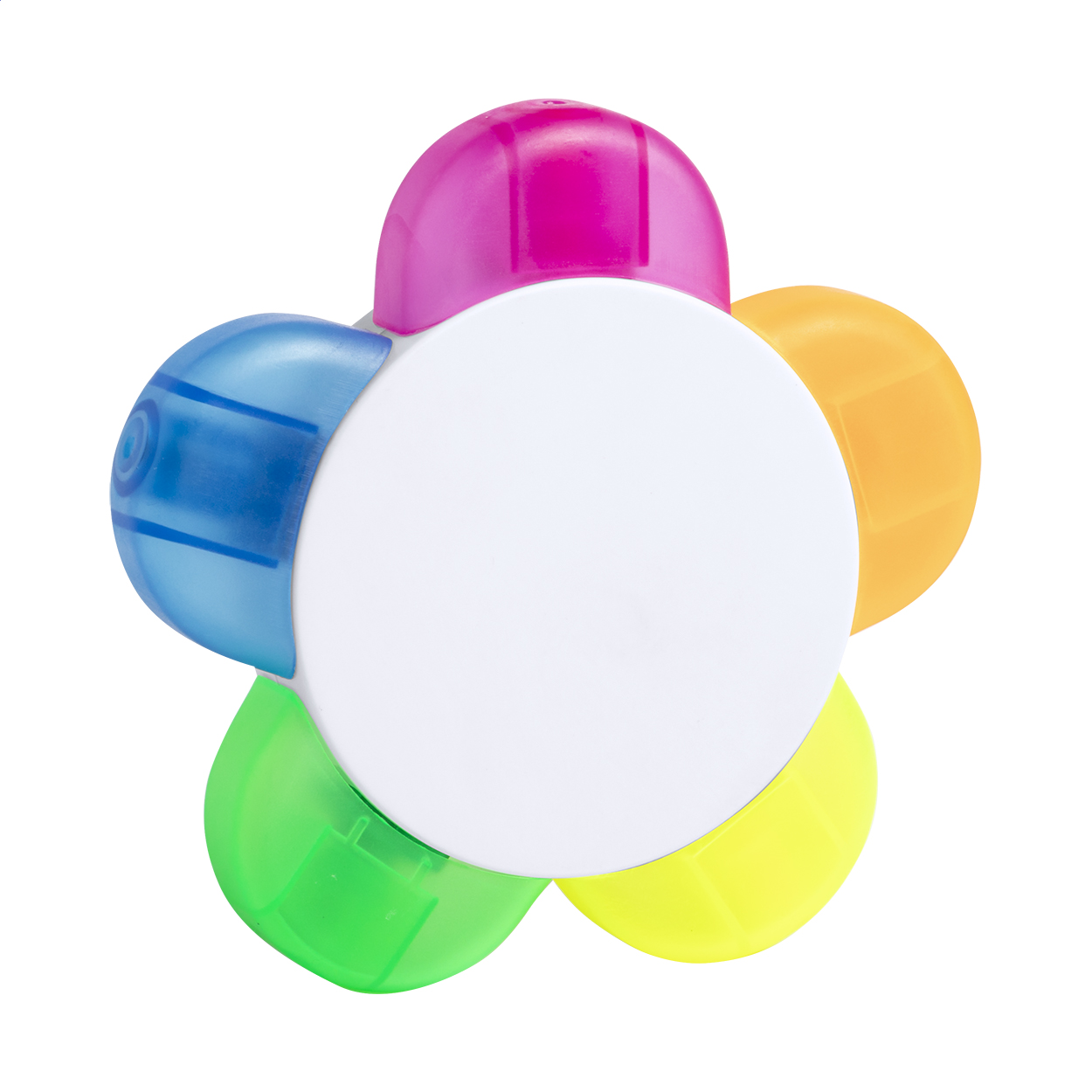 Evidenziatore in 5 colori diversi a forma di fiore — gadget promozionale personalizzabile con il tuo logo
