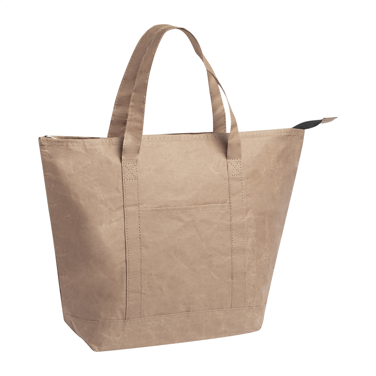Borsa termica in carta riciclata laminata con chiusura a zip, imbottitura in alluminio e manici corti — gadget promozionale personalizzabile con il tuo logo