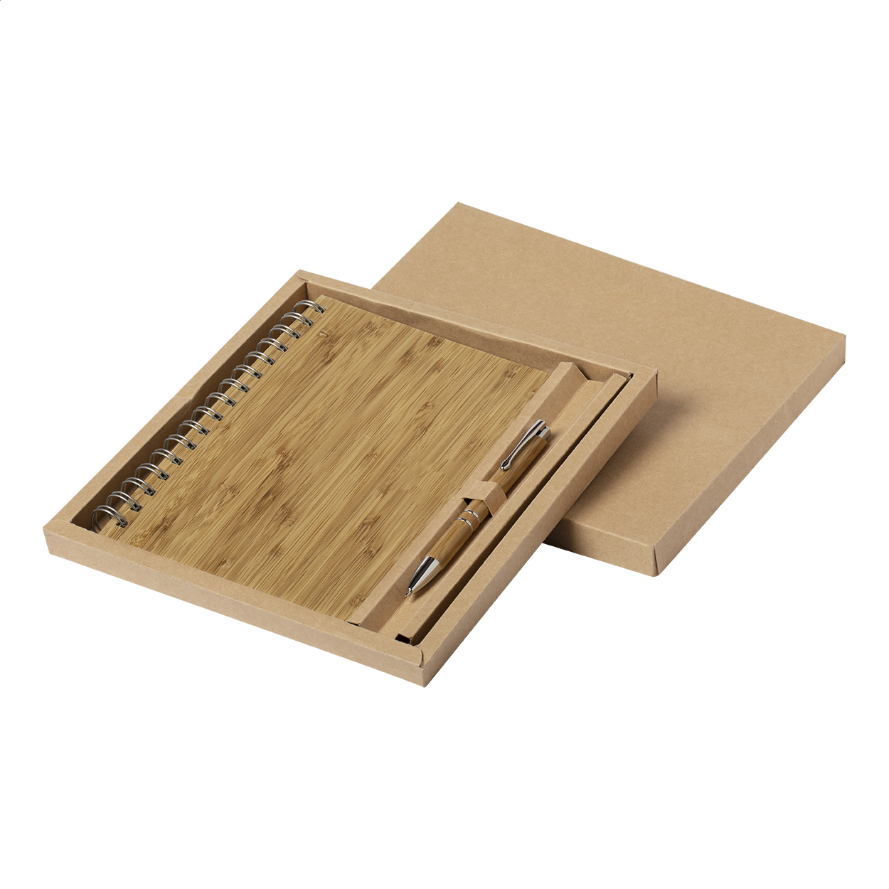 Quaderno a spirale formato A5 con copertina in bambù, 80 fogli a righe e penna a sfera in bambù con refill nero — gadget promozionale personalizzabile con il tuo logo
