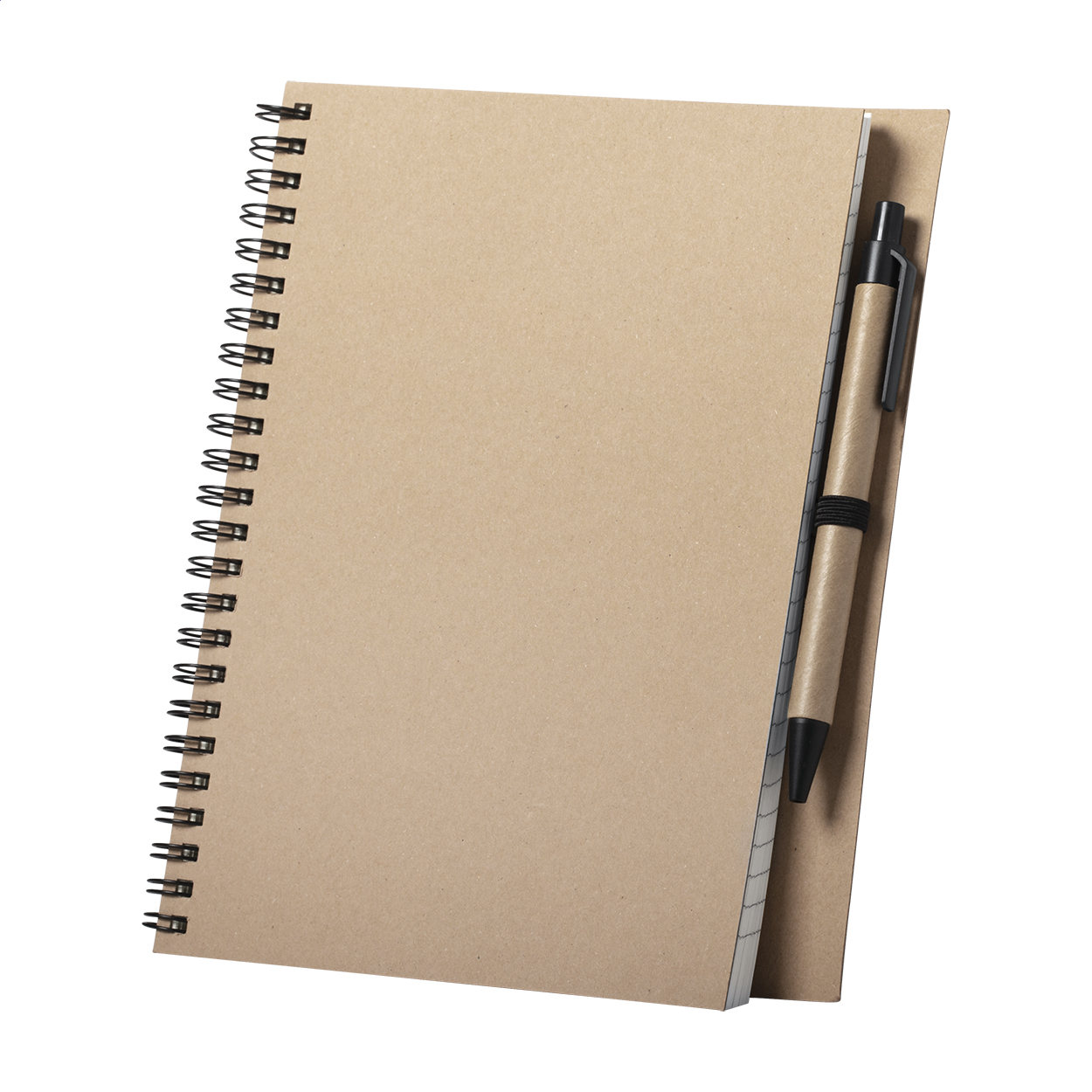 Quaderno a spirale con copertina in cartoncino riciclato, penna a sfera con corpo in carta riciclata e refill blu, compresa — gadget promozionale personalizzabile con il tuo logo
