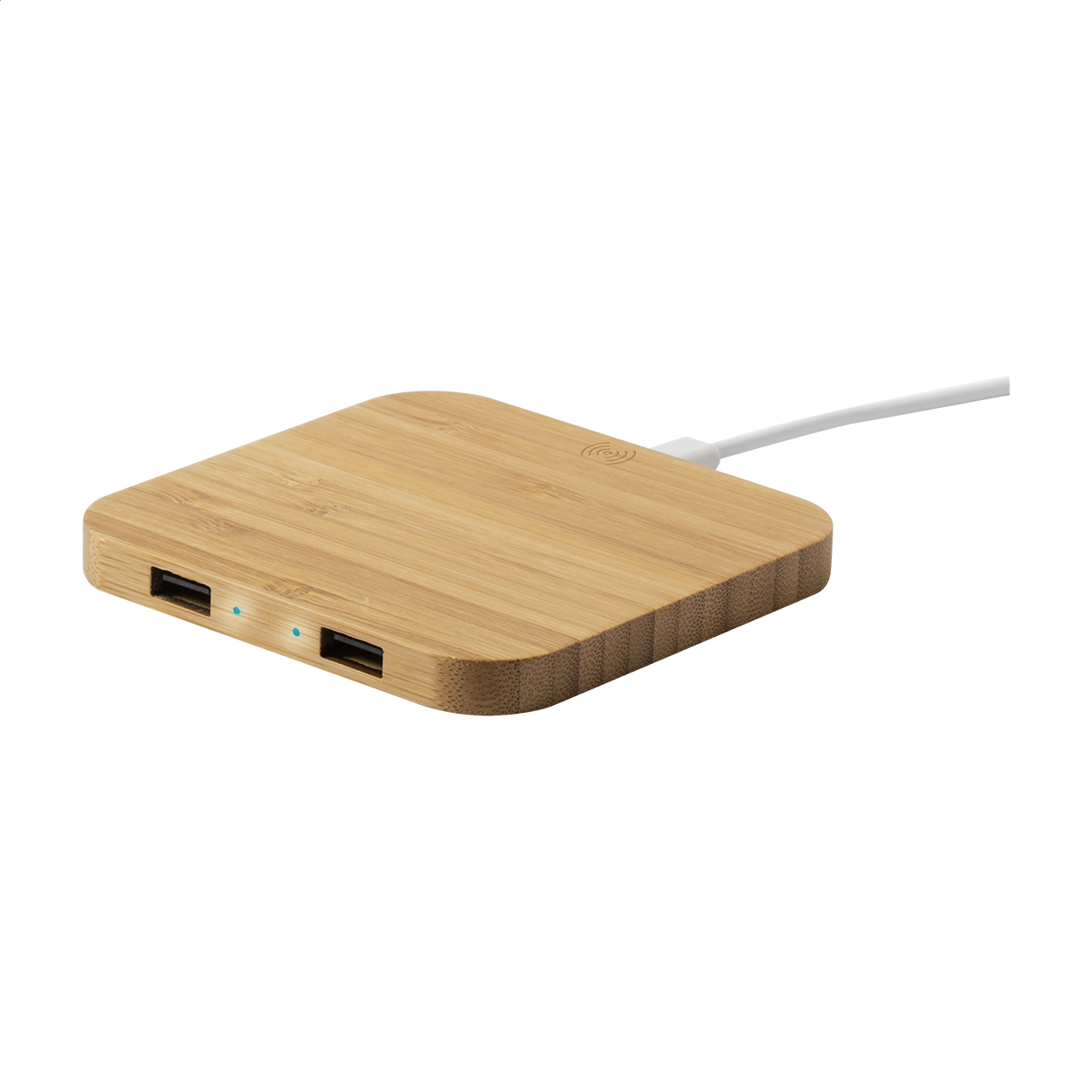 Caricabatterie wireless (10W) in bambù con 2 porte USB — gadget promozionale personalizzabile con il tuo logo
