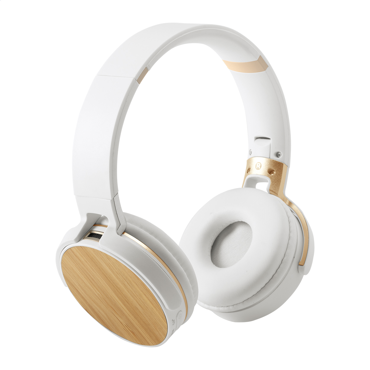 Cuffie wireless con decorazione in bambù e batteria ricaricabile integrata — gadget promozionale personalizzabile con il tuo logo