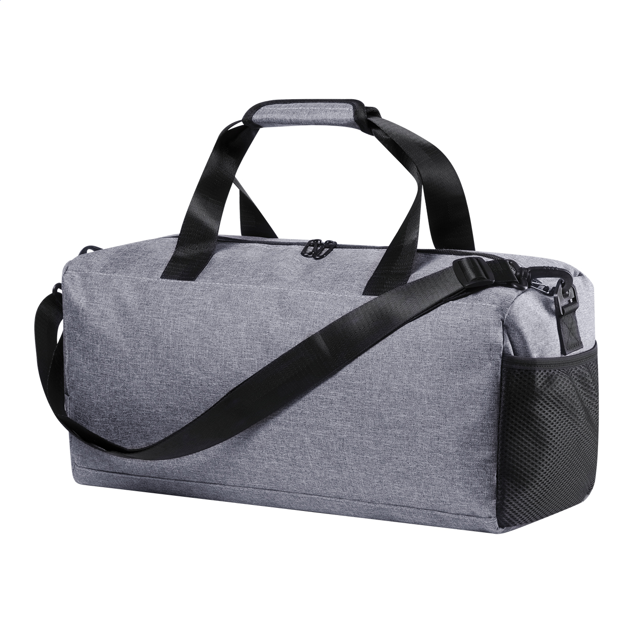 Borsone sportivo con scomparto interno con chiusura a zip, tasche laterali in rete e tracolla regolabile, materiale poliestere 600D — gadget promozionale personalizzabile con il tuo logo